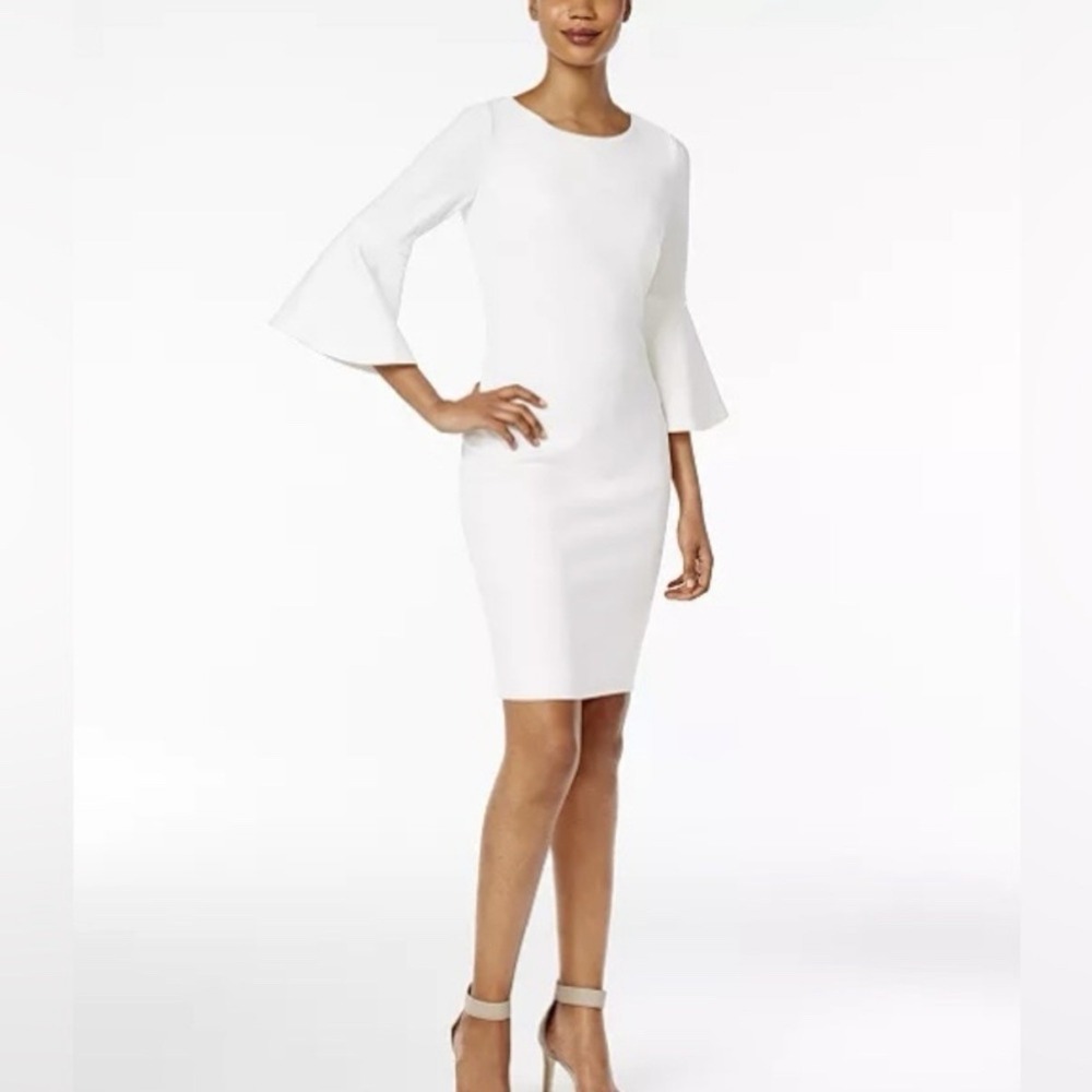 Calvin Klein White Bell Sleeve Stretch Crepe Sheath Dress Size 8
